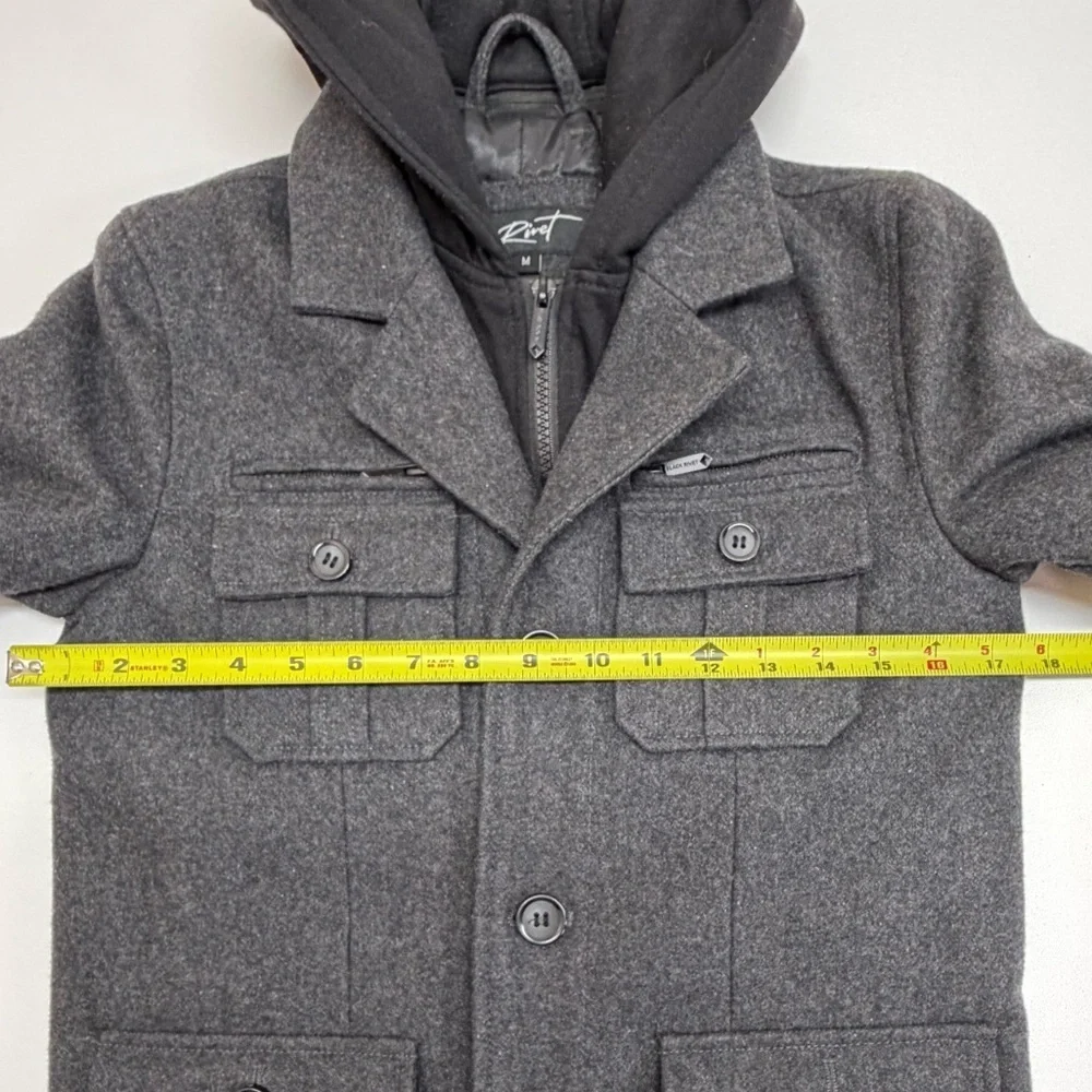 Black Rivet Men's Medium Wool Blend Military Field Jacket Charcoal Gray Hooded
